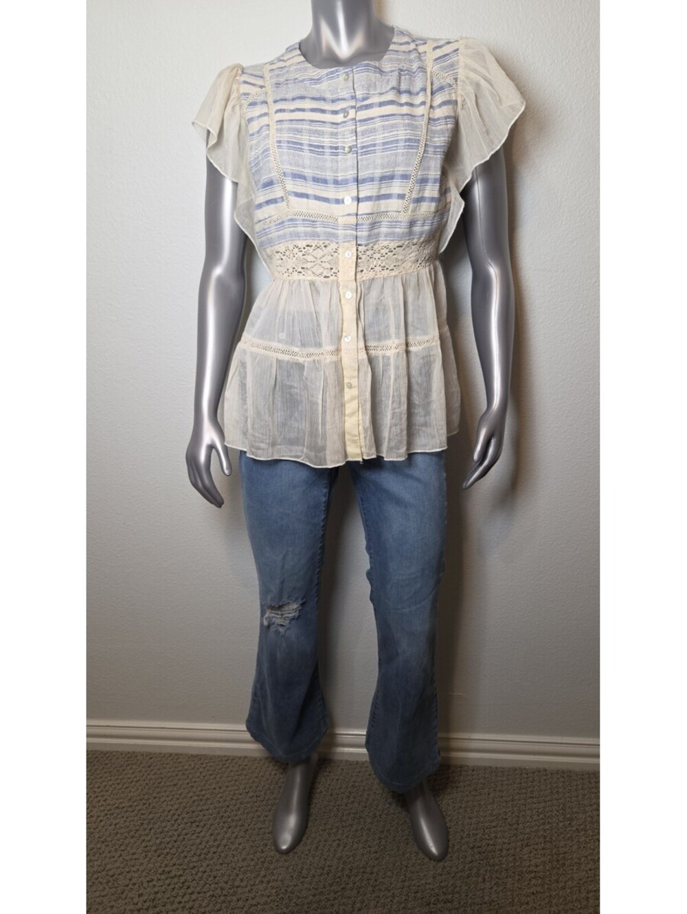 Listicle Cotton/ Linen Blend Stripped Short Sleeves Blouse Crochet Details Sz L